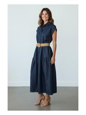 NEW Falling Flower Blue Chambray Belted Midi Shirtdress Women's M